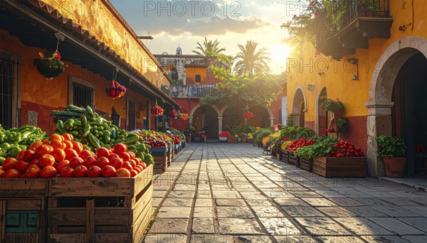 Traditional Mexican plaza with crates of peppers, onions, and tomatoes, economic prosperity in