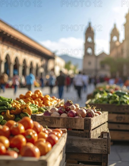 Traditional Mexican plaza with crates of peppers, onions, and tomatoes, economic prosperity in