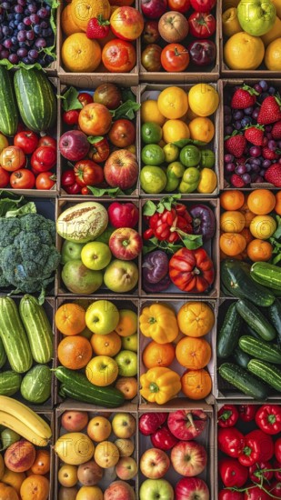 Fresh fruits and vegetables in a market display, aerial view perpendicular top down, healthy eating