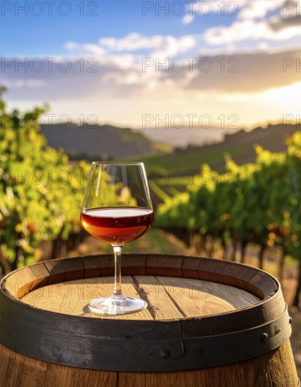 A glass of 10-year-old tawny wine placed on a barrel in a vineyard restaurant, vineyard landscape