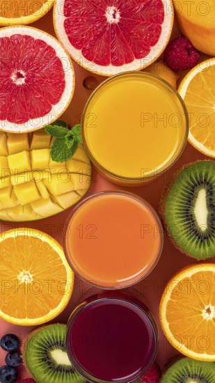 Fresh fruit juices in glasses, surrounded by colorful fruits, showcasing healthy drinking and