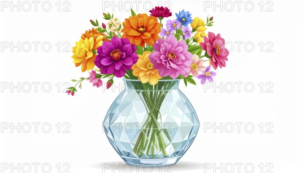 Crystal glass vase with vibrant blooming flowers, vibrant vector drawing illustration for fresh