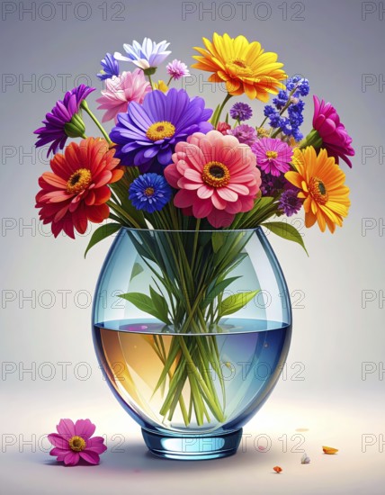 Crystal glass vase with vibrant blooming flowers, vibrant vector drawing illustration for fresh
