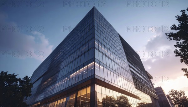 Modern building reflecting sunset light at dusk. Abstract Futuristic Business Background, AI