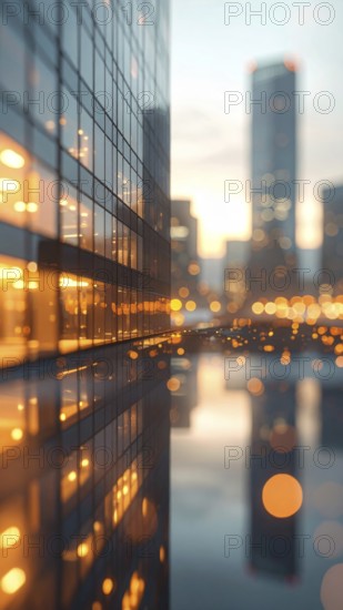 Modern building reflecting sunset light at dusk. Abstract Futuristic Business Background, AI