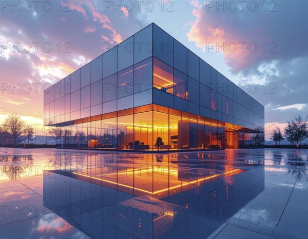 Modern building reflecting sunset light at dusk. Abstract Futuristic Business Background, AI