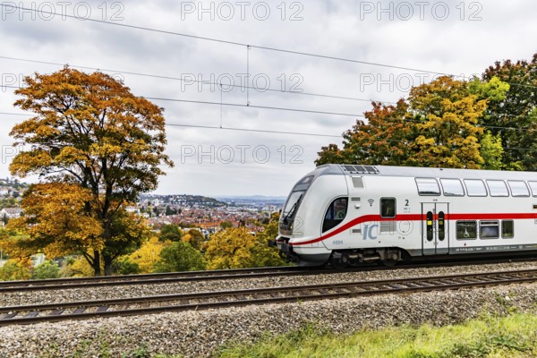 InterCity operated by Deutsche Bahn AG on the road between Stuttgart and Singen. The panoramic
