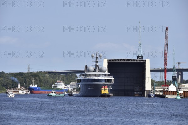 Superyacht COSMOS is undocked from the Lürssen shipyard, Kiel Canal, Kiel Canal, Kiel Canal,