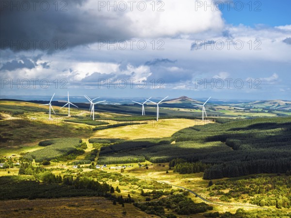 Wind Farm from a drone, Roxburghshire, Roxburgh, Southern Uplands, Scotland, UK