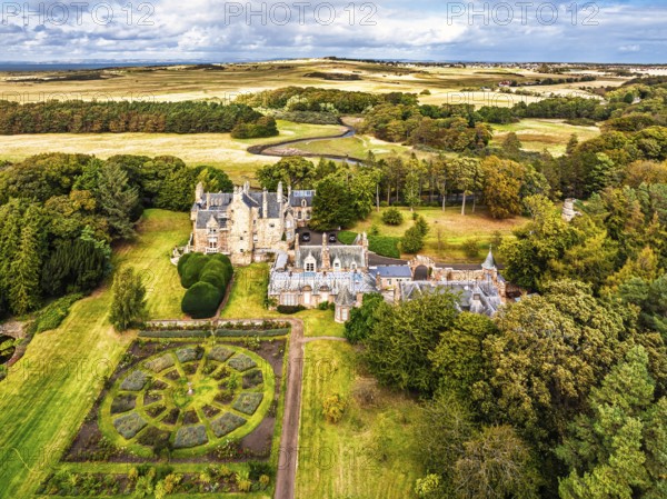 Luffness Castle from a drone, Aberlady, East Lothian, Scotland, UK