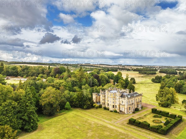 Oxenfoord Castle from a drone, Midlothian, Scotland, UK