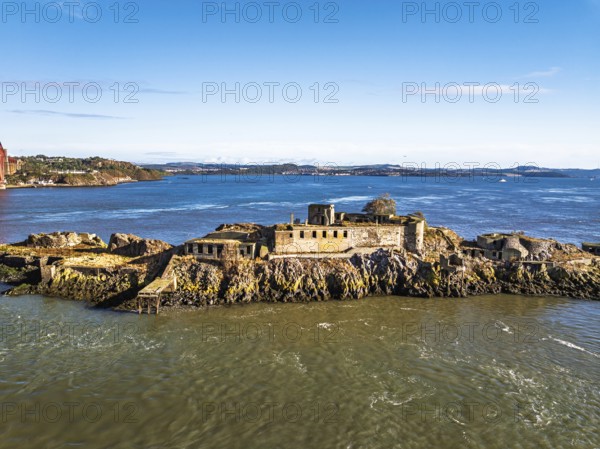 Inch Garvie Castle from a drone, Forth Bridge, Queensferry Crossing, Forth Estuary, Scotland,
