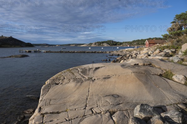 Falun red or Swedish red boathouse, Bohus granite, Resö island, Bohuslän, Skagerrak, Sotenäs,