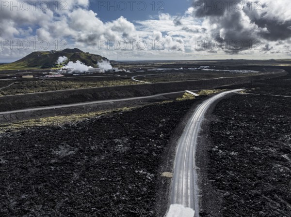 Lava, lava field, road, destroyed, summer, cloudy, sunny, aerial view, Blue Lagoon, Sundhnúkur