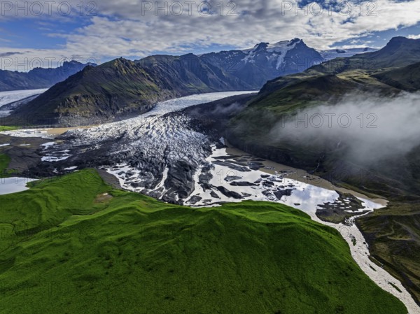Ice floes, glacier, glacier tongue, glacier lake, sunny, cloudy, morning mood, mountains,