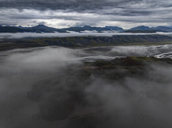 River, river course, river delta, mountains, clouds, summer, aerial view, Hvannagil, south-east