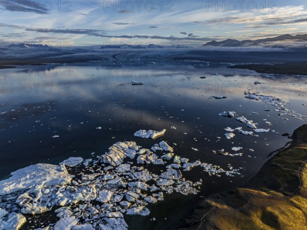 Ice floes, glacier, glacier tongue, fog, clouds, morning mood, mountains, reflection, aerial view,