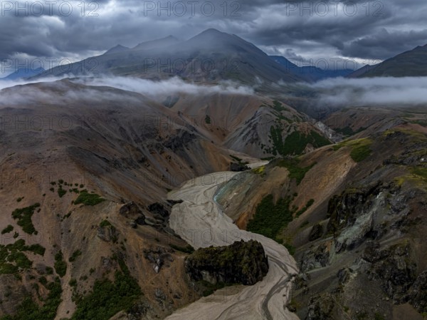 River, river course, river delta, mountains, clouds, canyon, gorge, summer, aerial view, Hvannagil,