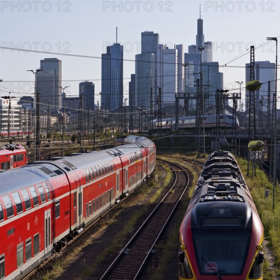 Elevated city view with many trains, railway station and skyscrapers, Frankfurt am Main, Hesse,