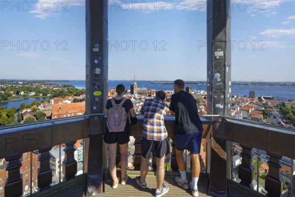 Visitors look out over the city, viewing platform view at a height of 84 metres, St. Mary's Church,