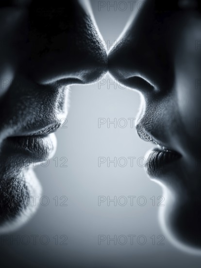 Symmetrical arrangement of two pairs of lips coming close together creates a feeling of intimacy,