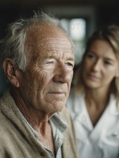 A young carer lovingly looks after a senior in a retirement home, nursing home, symbolic image for