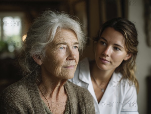 A young carer lovingly looks after a senior citizen in a nursing home, nursing home, symbolic image