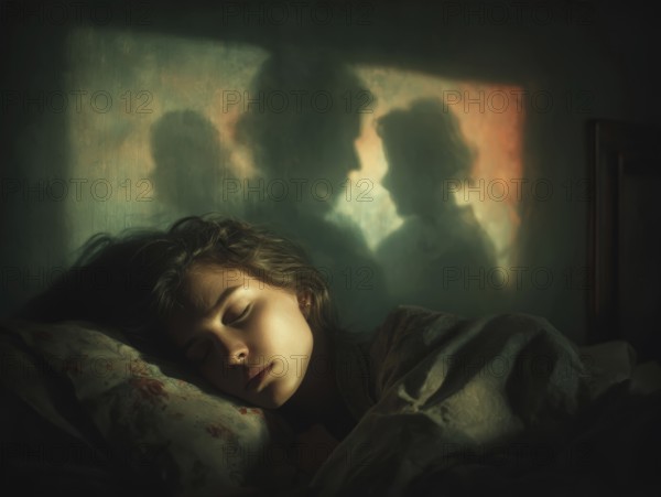 Sleeping woman with mystical shadow silhouettes in the background, symbolic image for sleep, event