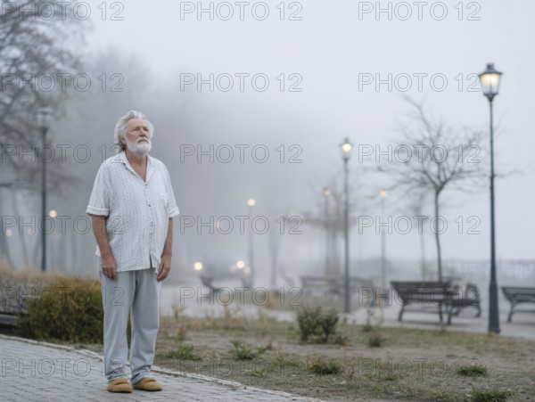 An elderly man in pyjamas stands in a cold, wintry environment, looking confused, helpless and