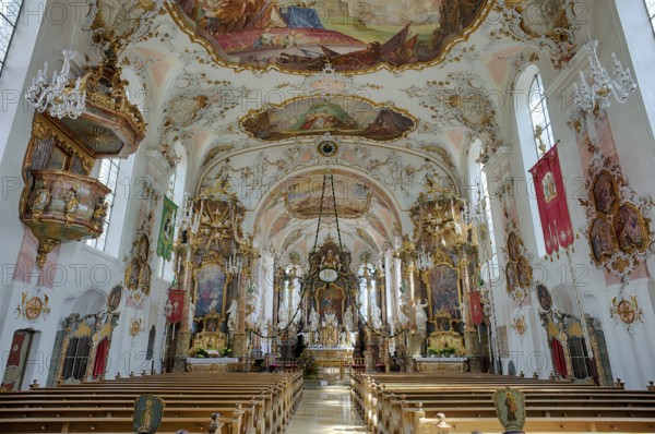 Interior, choir, main altar, pulpit, Catholic parish church of St Ulrich, Rococo, Seeg, Ostallgäu,