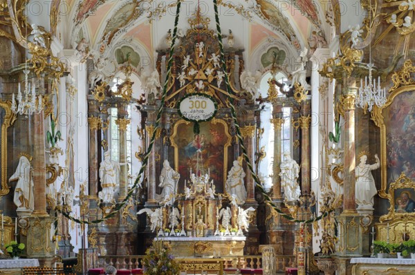 Interior view, choir, main altar, Catholic parish church of St Ulrich, Rococo, Seeg, Ostallgäu,