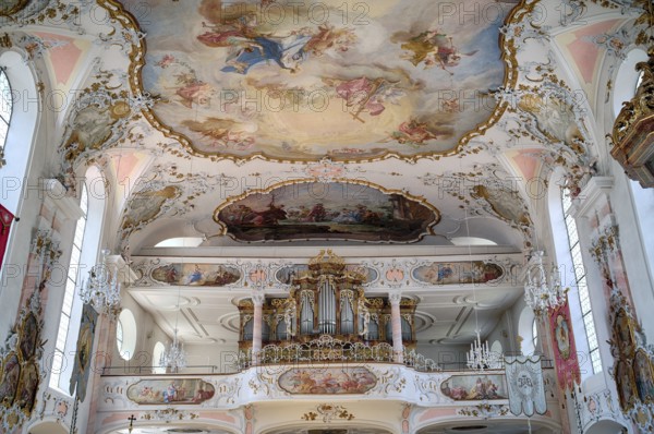 Interior photo, organ, organ loft, Catholic parish church of St Ulrich, Rococo, Seeg, Ostallgäu,
