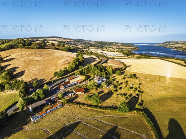 Farms and Fields over River Teign and Teignmouth Road from drone, Newton Abbot, Devon, England,