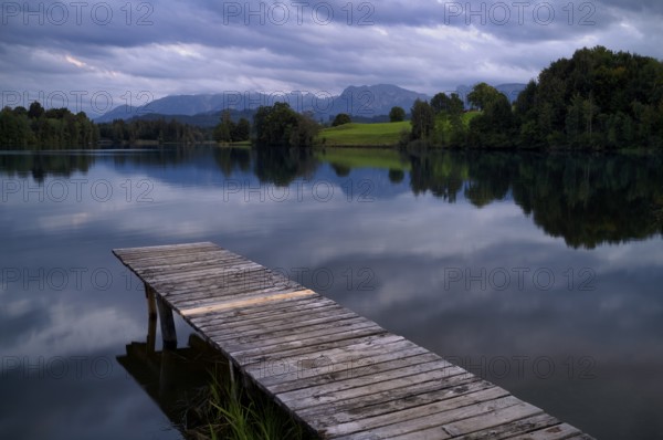 Bathing jetty, jetty, wooden jetty, jetty, leads into a lake, bathing lake, Schwaltenweiher near