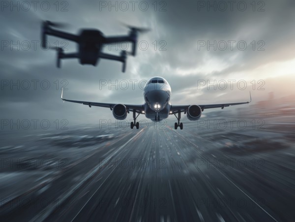 Ein Quadrocopter, Drohne, droht mit einem startenden Verkehrsflugzeug zu kollidieren, während ein