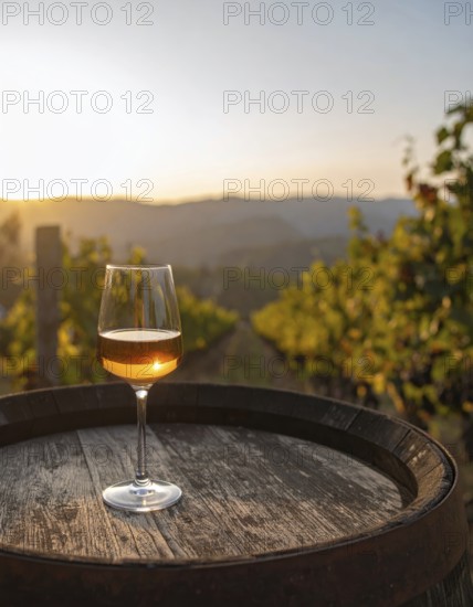 Glass of 10-year-old tawny wine placed on a barrel in a vineyard restaurant, AI generated