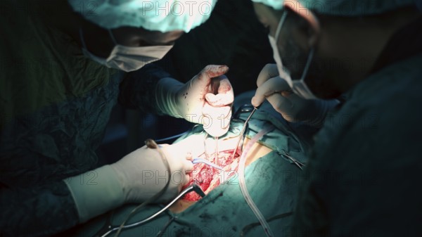 Several doctors performing a complex surgical operation inside an operating room for a displaced