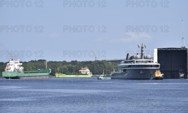 The new superyacht COSMOS leaves the Lürssen shipyard near Rendsburg for the Kiel Canal, Kielkanal,