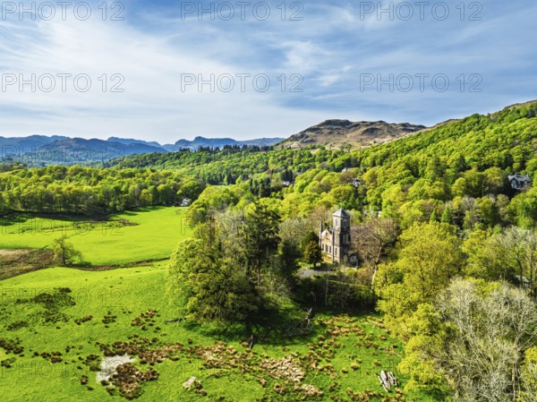 Holy Trinity Church from a drone, Bog Lane, Brathay village, Lake District, Cumbria, England,