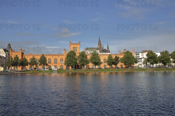 Pfaffenteich with arsenal, church tower of St Paul's Church, shore, lake, Schwerin,