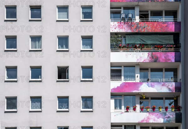 High-rise residential building, in Essen-Steele, with colourfully designed façade, balcony
