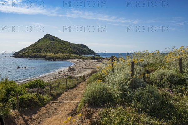 Picturesque coastal hiking trail and wild beach, Sentier du littoral, Plage Ranc, Cap Taillat,