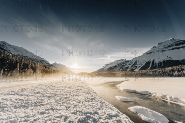 Winter road trip on the Icefields Parkway with lots of snow and ice, Banff National Park, Jasper
