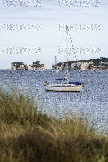 Boats on sea over Knoll Beach Studland, Poole, Dorset, England, United Kingdom