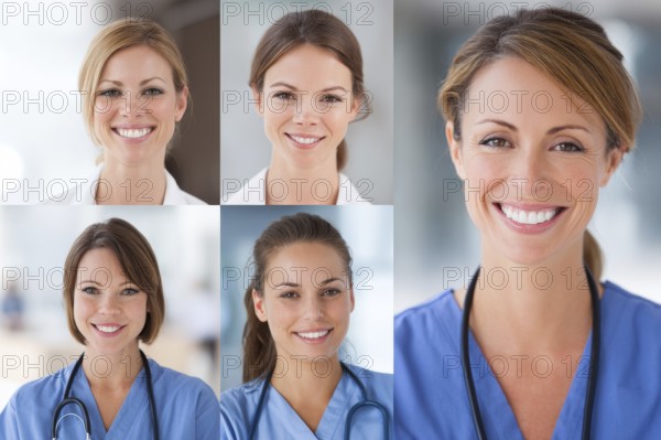 Collage of hospital nurses and medical professionals smiling. Concept of hospitality and excellent