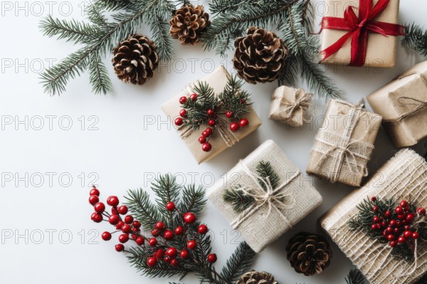 Christmas and New Year holiday background. Xmas greeting card and gifts on white background top