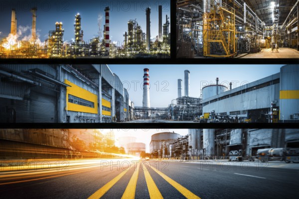 Collage of industrial factories and warehouses. Illustration of global international trade and