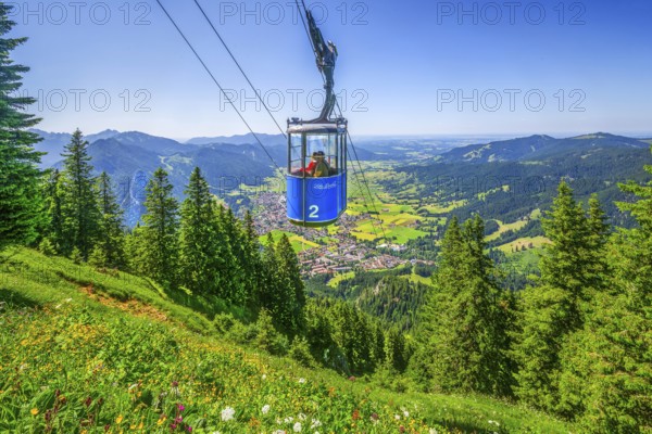 Laberberg cable car with view of the village, Oberammergau, Ammertal, Ammergebirge, Upper Bavaria,