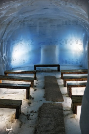 Ice tunnel, wooden benches, illuminated glacier cave, illustration, Langjökull glacier, Husafell,