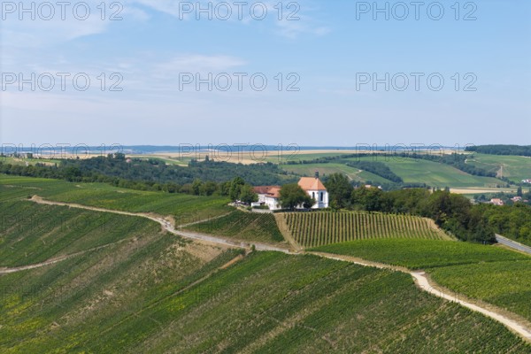 Vogelsburg near Volkach with monastery church of the Protection of the Virgin Mary, aerial view,